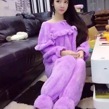 Новинка, утолщенные бархатные пижамы, зимние женские милые домашние удобные костюмы с длинными рукавами и изображением листьев лотоса