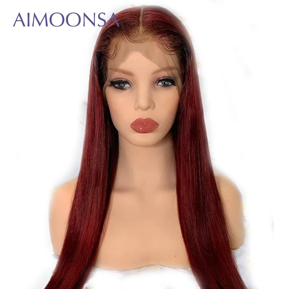 13x6 Aimoonsa Красное вино парик с эффектом деграде (переход от темного к Цвет Синтетические волосы на кружеве человеческих волос парики с