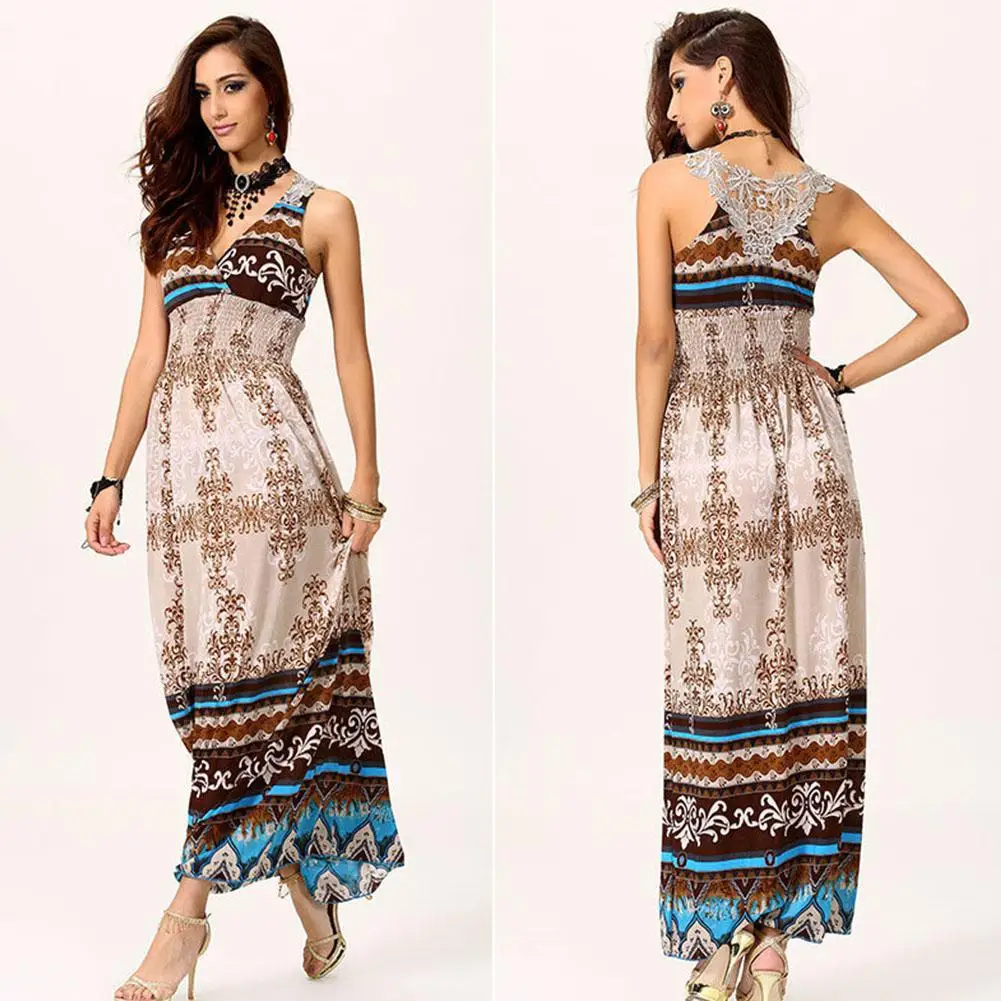

2019 New Yfashion Women Summer Bohemian V-neck Elegant Charming Sleeveless Long Casual Maxi Dress vestidos Top Quality