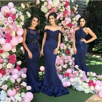 

3 Style Royal Blue Lace Mermaid Bridesmaid Gowns Peach/Champagne/Silver/Coral/Burgundy/Pink Crystal BeadedBridesmaid Dresses