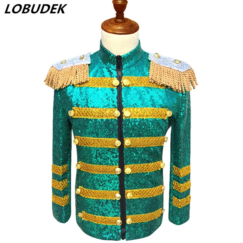 

England Style Court Uniform Men Host Stage Costume Green Sequins Slim Jacket Coat Nightclub DJ Singer Chorus Performance Jackets