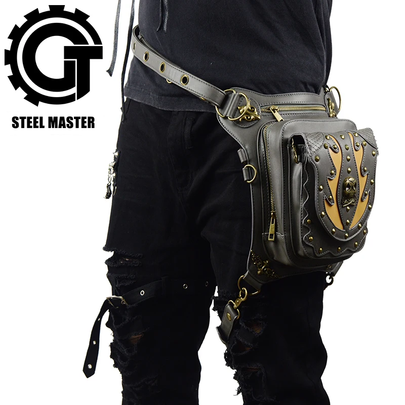 

Steampunk Men Women Unisex Waist Bags Vintage Messenger Bag Fashion Black Leather Shoulder Bags Travel Punk Waist Packs