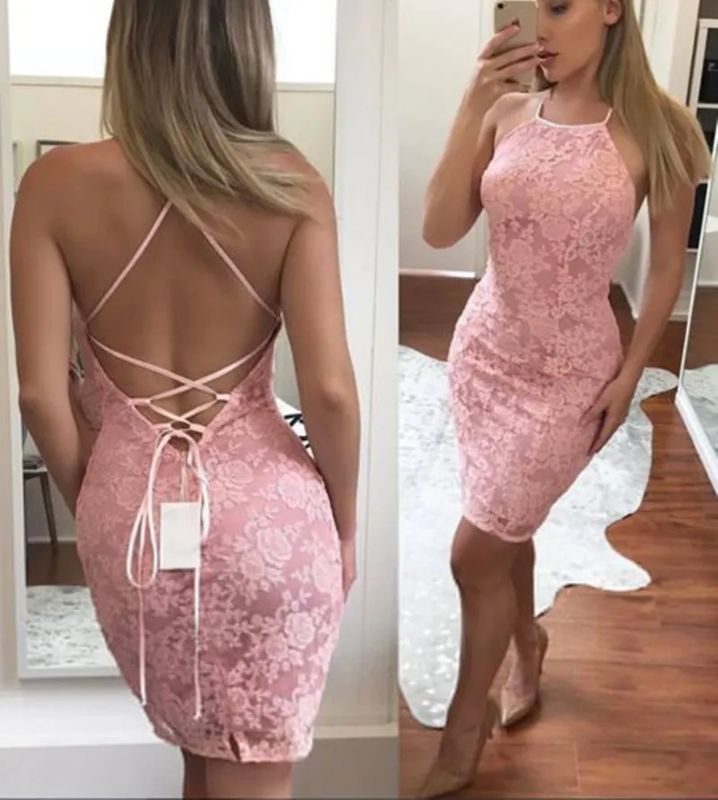 

Pink Lace Short Prom Lace Homecoming Dress Simple Party Gown Sexy Graduation Dress Evening Dress