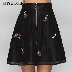 Enyuever черный повседневное юбки для женщин для лето 2019 спереди застежка-молния Вышивка Винтаж Рок Jupe женские, с завышенной талией вечерние
