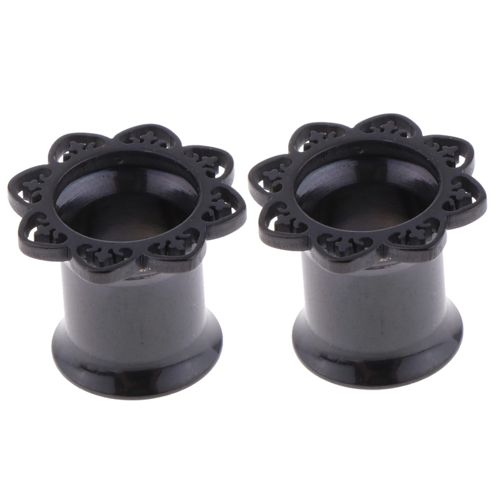 2Pieces Black Flower Stainless Ear Flesh Tunnels Flared Earrings Gauges 8mm