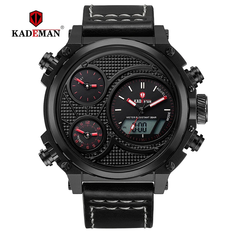 KADEMAN Luxury Mens Watches LED Display Casual Leather Wrist Waterproof Alarm Sport Date Digital Brand Relogio Masculino