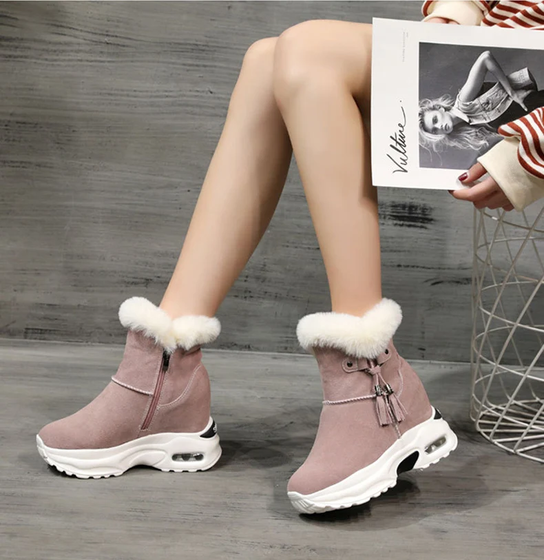 Зимние ботинки для женщин; коллекция года; Зимние ботильоны из натуральной кожи; женская обувь на скрытом каблуке; теплые плюшевые женские зимние ботинки на меху