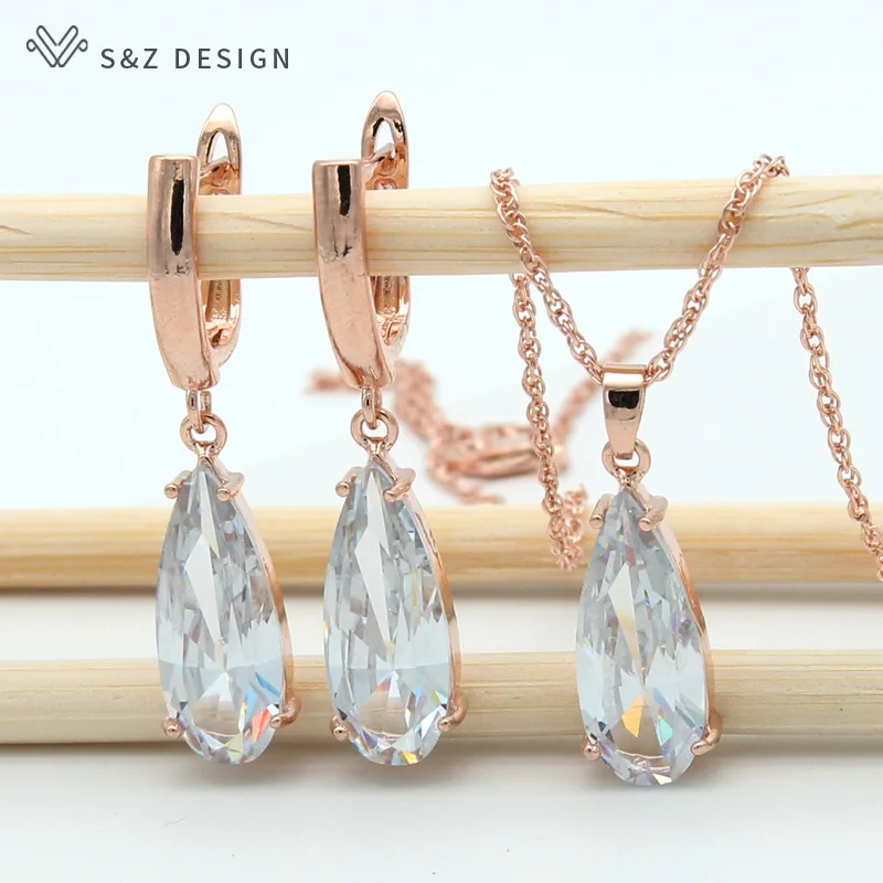 S&Z 6 Color Long Water Drop Dangle Zircon Earrings Jewelry Set 585 Rose Gold Color For Women Korean Fine Wedding Party Jewelry