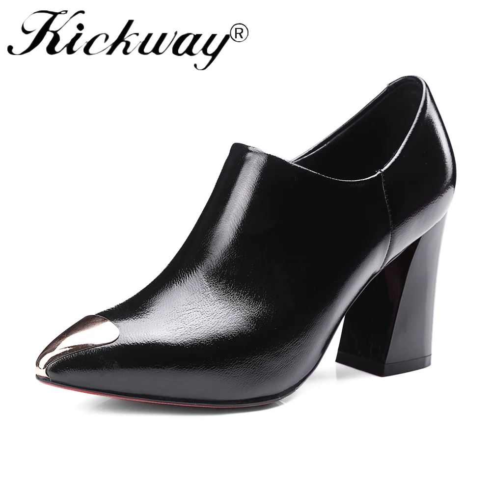 

Kickway Brand Shoes Woman High Heels Pumps Stiletto thick Heel Women's dress Shoes metal decoration Pointed Toe Shoes size 34-43