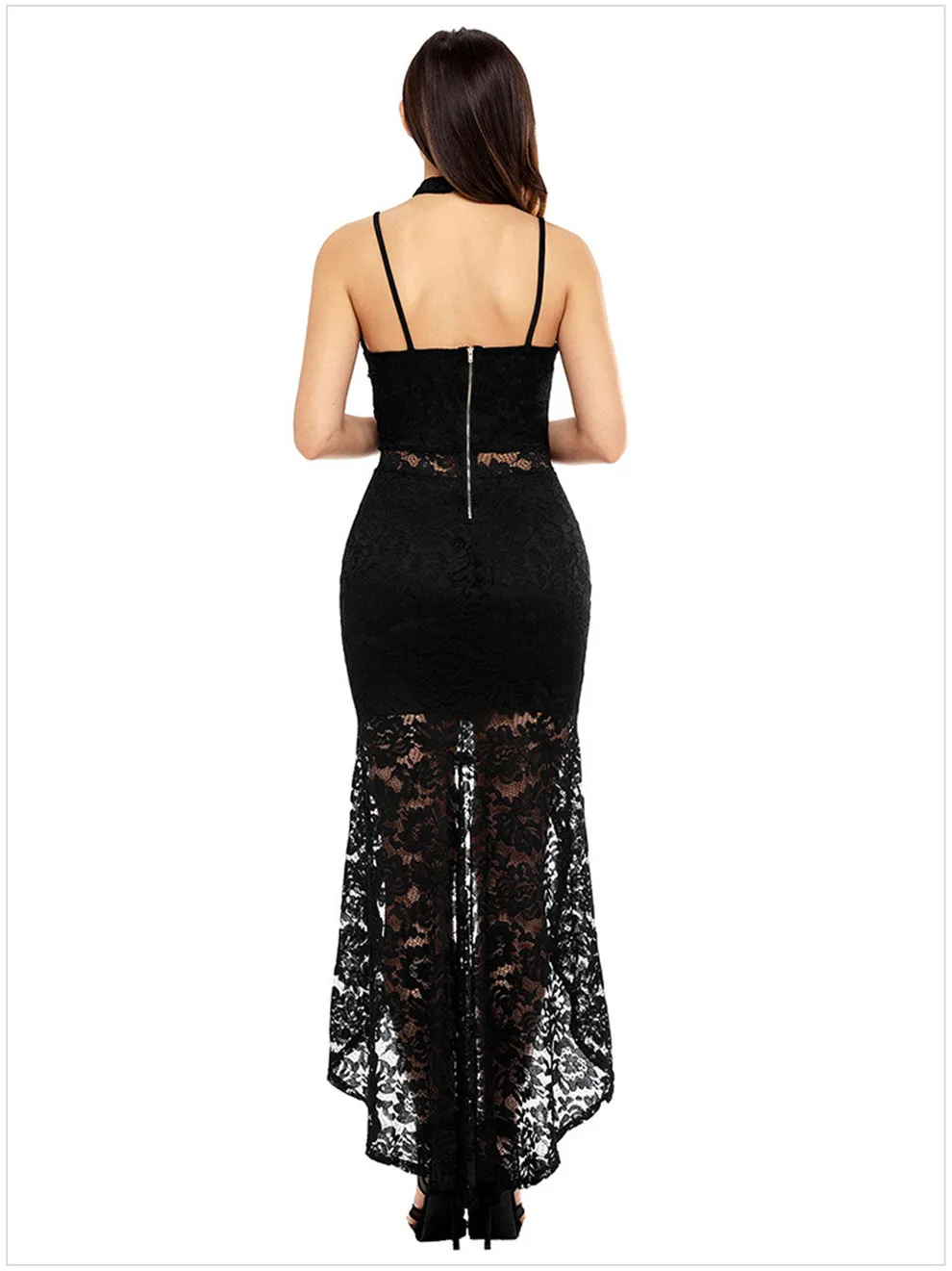  Night Party Sexy Lace Dress Women Maxi Dresses Summer Vestidos Mujer Black Spaghetti Strap Floral Lace Choker High Low Dress (5)
