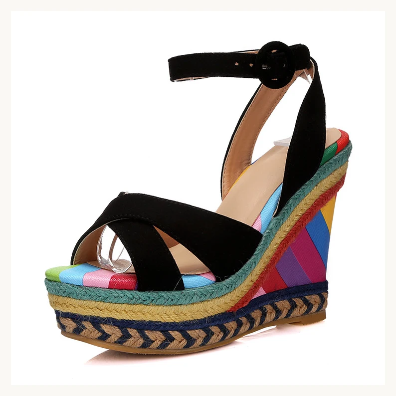 

2 Colors 2017 New Women Flat Platform Peep Toe Buckle Strap Wedges Sandals Office Lady Mixed Colors Party 12cm High Heel Sandals