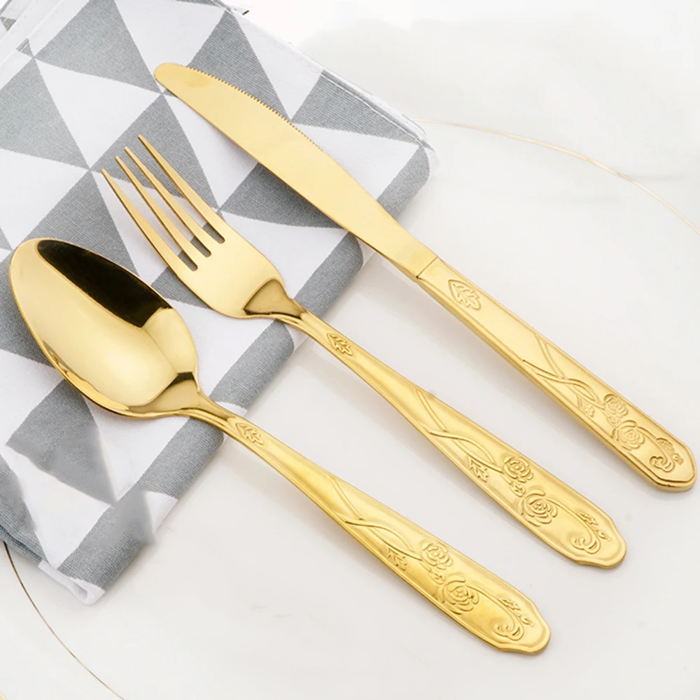 

Fashion Golden Dinnerware Set Fork Spoon Knife Set Gold Stainless Steel Cutlery Set 3 Pieces Kitchen Luxury Tableware Household