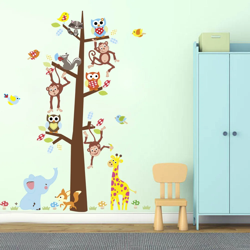 Мультфильм, животные, сова, обезьяна, жираф, птица, дерево, наклейка на стену для детской комнаты, спальни, гостиной, домашний декор, Постер настенный