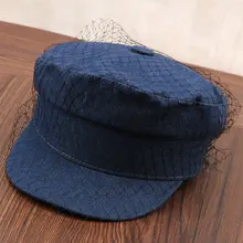 Дамская мода Родео бейсболка Марля украшенная плоская бейсбольная Кепка топ темно-синяя изогнутая британская старинная вуаль Кепка Регулировка B-8915