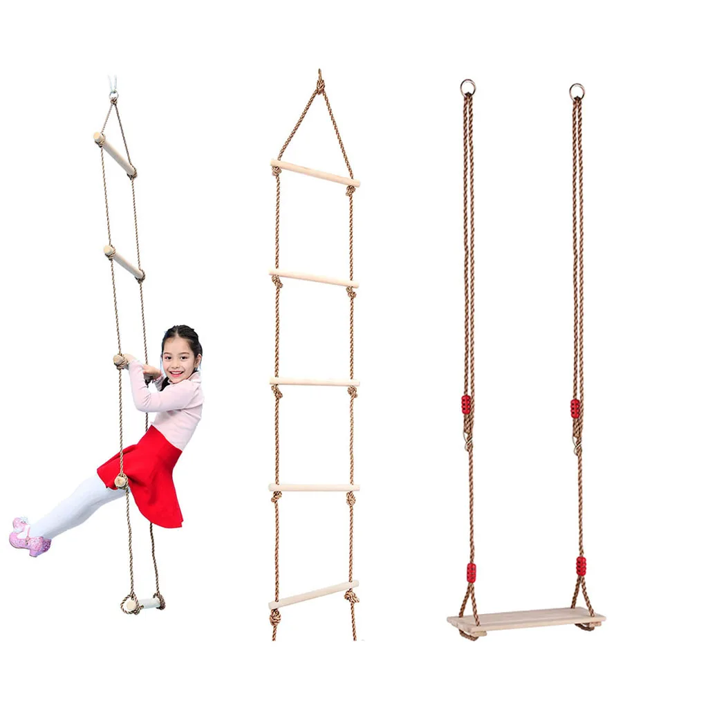 2pcs Wooden 5 Rungs Rope Climbing Ladder & Flat Seat Swing Chair Kids Playground Activity Toy Playhouse Set