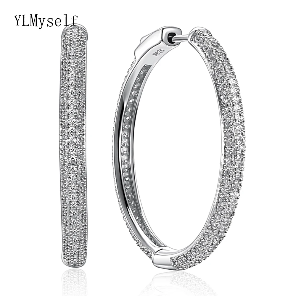 

Real 925 Sterling silver hoop earring large circle earrings for night bar party Luxury 35mm diameter silver CZ jewelry for women