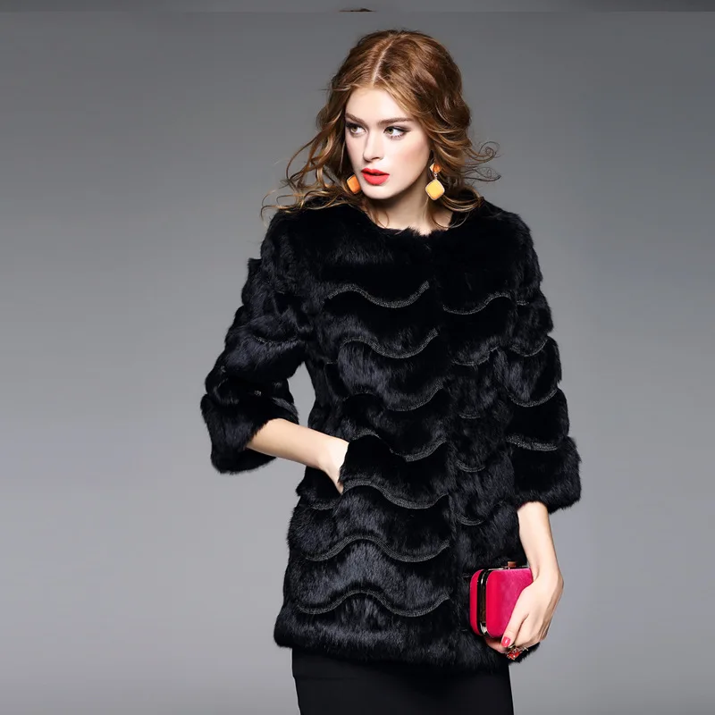 Wave embroidery fur coats women O neck 3/4 sleeve natural rabbit fur jacket woman real fur overcoat plus size 2018 autumn winter Wave embroidery fur coats women O neck 3/4 sleeve natural rabbit fur jacket woman real fur overcoat plus size 2018 autumn winter