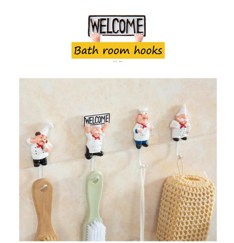 Resin Stainless Steel Hook Creative Wall Decoration Glue No Trace Hook Kitchen Bathroom Cute Chef Shape Strong Key Hooks (10)