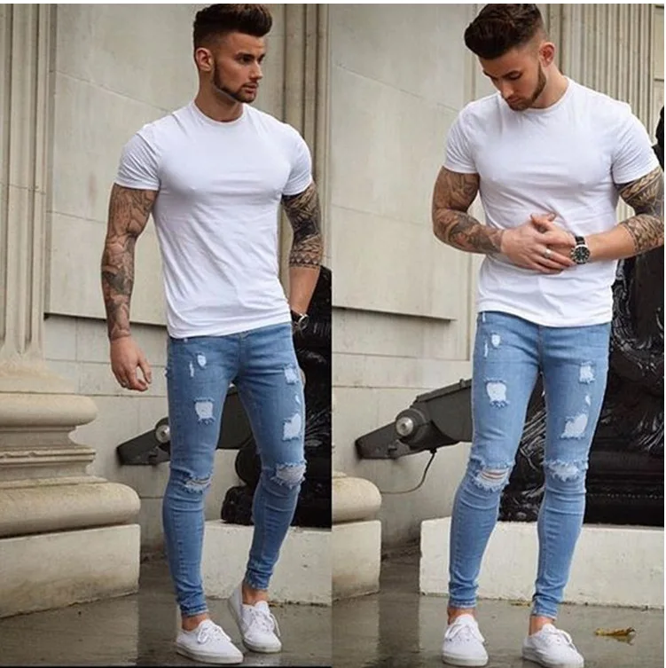 2018 для мужчин Мода весна отверстие длинные рваные штаны в обтяжку джинсы для женщин тонкий обтягивающие мужчин модные мотобрюки одежда