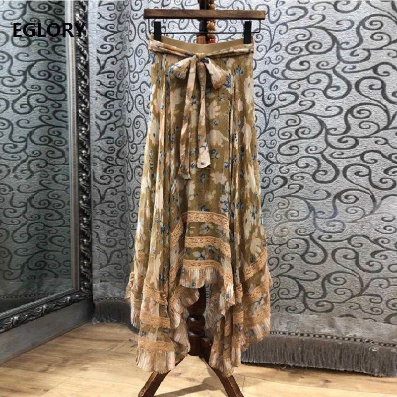 

100%Silk Long Skirts 2019 Spring Summer Casual Part Long Maxi Skirt Women Vintage Print Lace Patchwork Bow Belt Skirt Beach