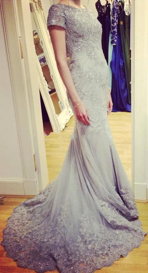Real Image Cheap Mermaid Evening Dresses With Short leeves Crystal Green Formal Lace Prom Party Dress 2015 Sexy Modest Long Celebrity Gowns (1)_conew1
