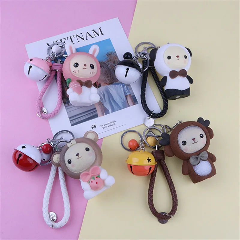 

2019 Cute Cartoon Rabbit Bear Panda Doll Keychain PVC Animal Leather Rope Key Ring Bells Trinkets Car Purse Key Chains