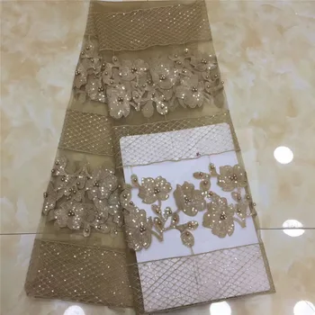 

2019 High Quality French 3D Tulle Beaded African Lace Fabric Sequins Embroidered Nigerian Lace Fabrics For Wowen Dress gold pink