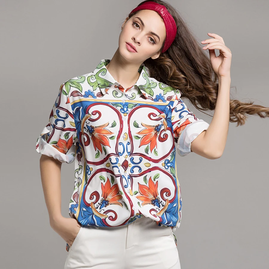 

Top Quality New Fashion 2019 Women 3/4 Sleeve Turn-Down Collar Single-Breasted Vintage Tin Glaze Print Long Hot Split Blouse