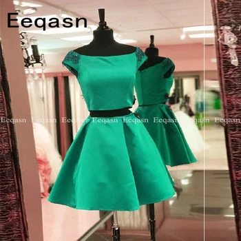 

Green Short Two Piece Cocktail Dress 2020 Cap Sleeves Beaded A-Line Satin Mini Prom Party Gown Custom made Homecoming Dress