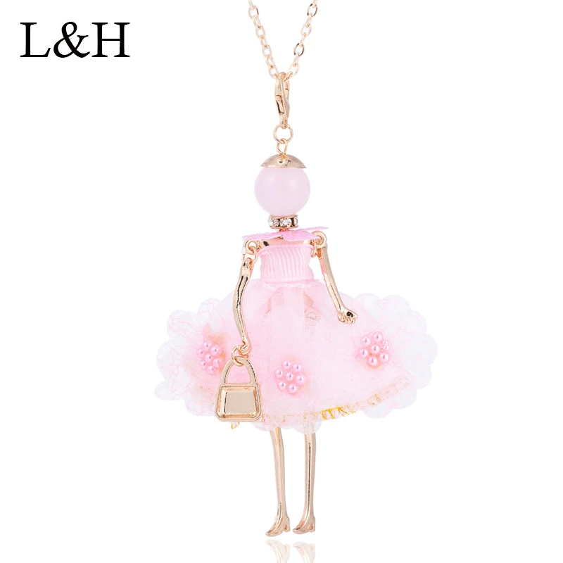 

2018 New Yellow Pink Floral Party Dress Necklaces&Pendants Rhinestone Handmade Girl Doll Long Chain Necklace For Women Jewelry