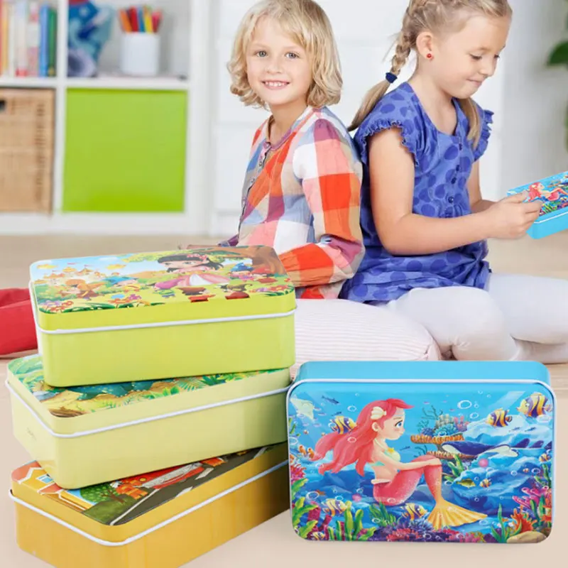 

60 Pieces Of Iron Boxed Cartoon Anime Wooden Puzzle Children's Puzzle Early Education Toys Baby Intelligence Development Toys