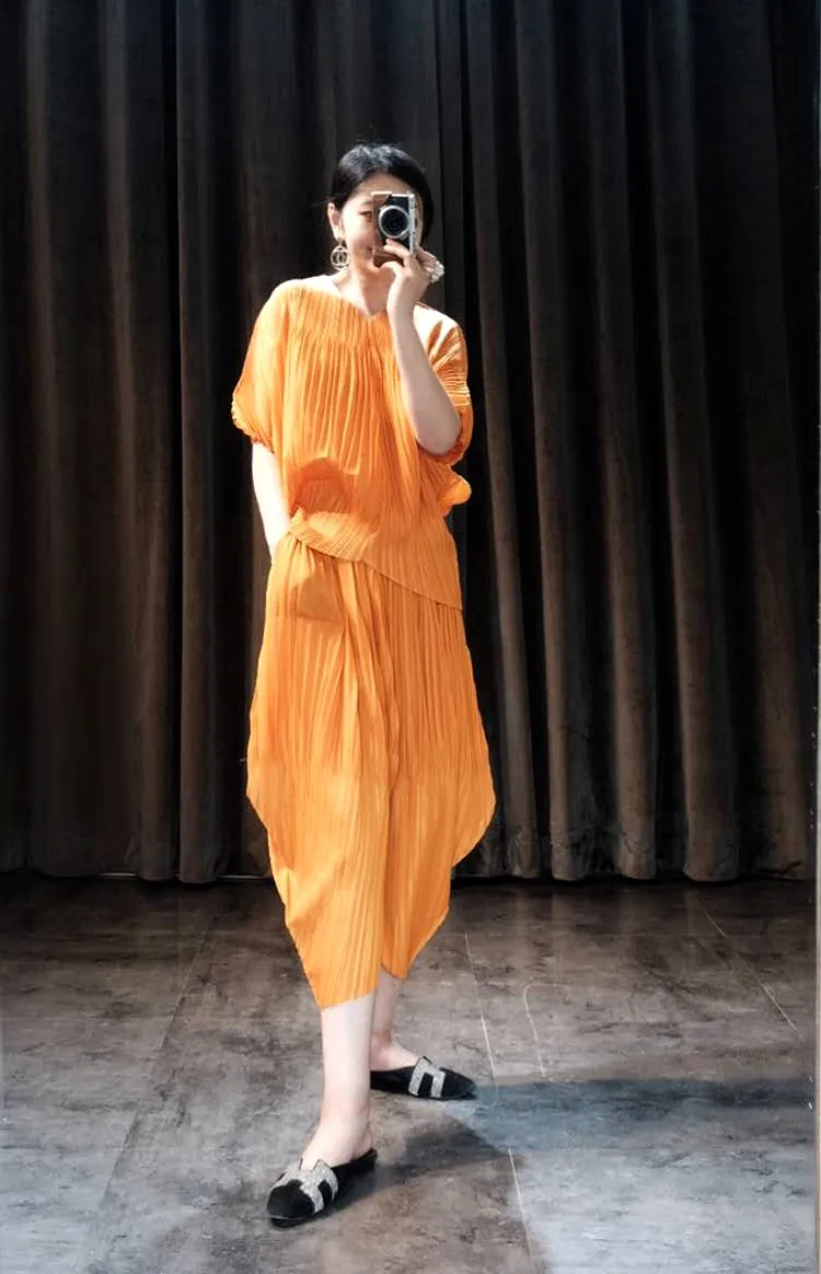 Miyake Fold костюм женский летний костюм из двух предметов западные брюки с эффектом старения модные тонкие брюки костюм
