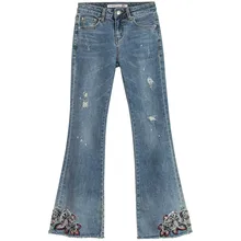На лето и весну повседневное для женщин s Вышивка Бисер кисточкой мыть тонкий расклешенные джинсы брюки для девочек, отбеленные синие Джинс