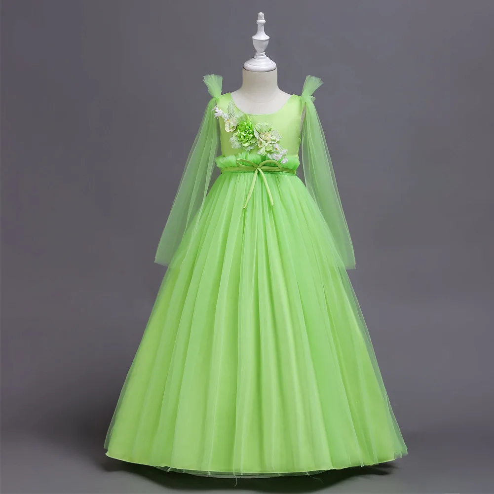 Длинное вечернее платье макси для детей, платье для свадебной вечеринки торжественное бальное платье из тюля для детей 5-11, 12, 13, 14, 15 лет - Цвет: apple green