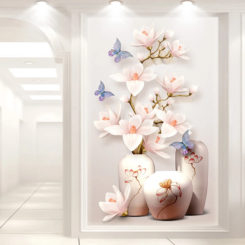

European Style 3D Relief Magnolia Flower Vase Photo Wall Mural Living Room Hotel Entrance Background Wall Painting 3D Home Decor