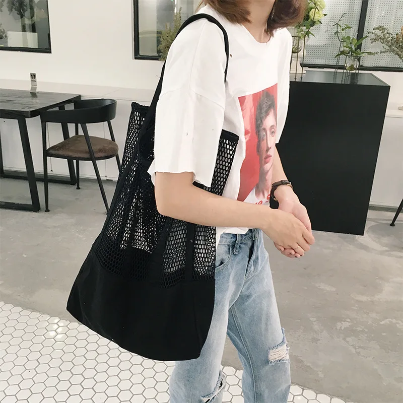 

Fashion Canvas Bag Woman Shopping Bag Large Capacity Portable Beach Bag Shoulder Women Canvas Mesh Shopping Bag bolso