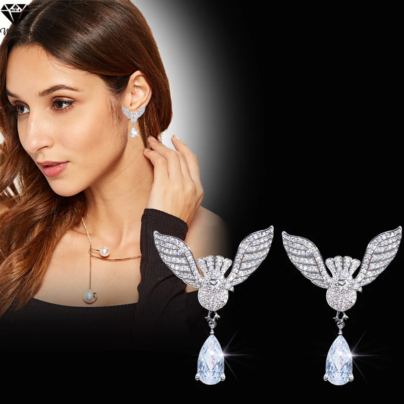 

WIN-B Women's Angel Wings Drop Earrings Cubic Zirconia Indian Jewelry Alloy Ear Jewelry Earring Gothic Feather Brincos bijoux