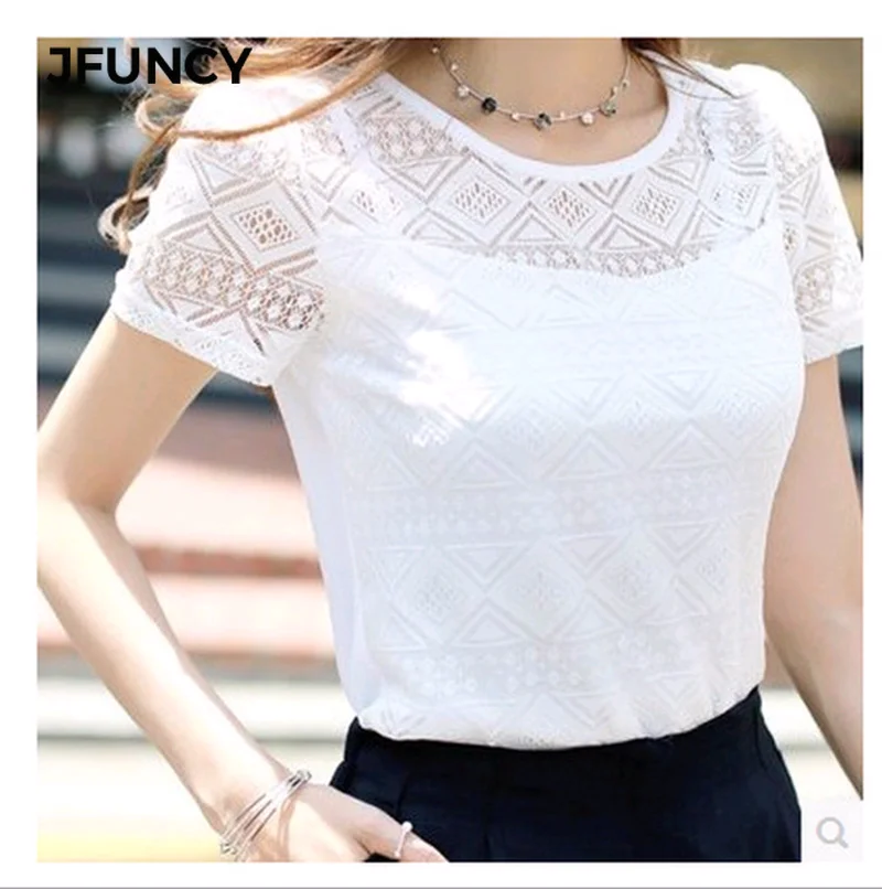 

JFUNCY 2019 Summer Blouses Women Lace Shirt Short Sleeve Women Tops Hollow Lace Blouse Women Shirt Female Blusas Femininas