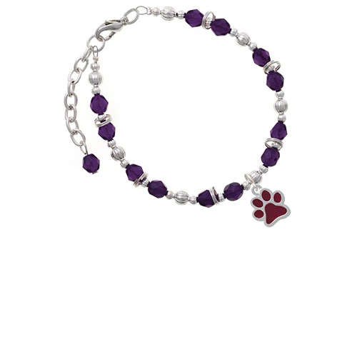 Silvertone Medium Translucent Maroon Paw Purple Beaded Bracelet