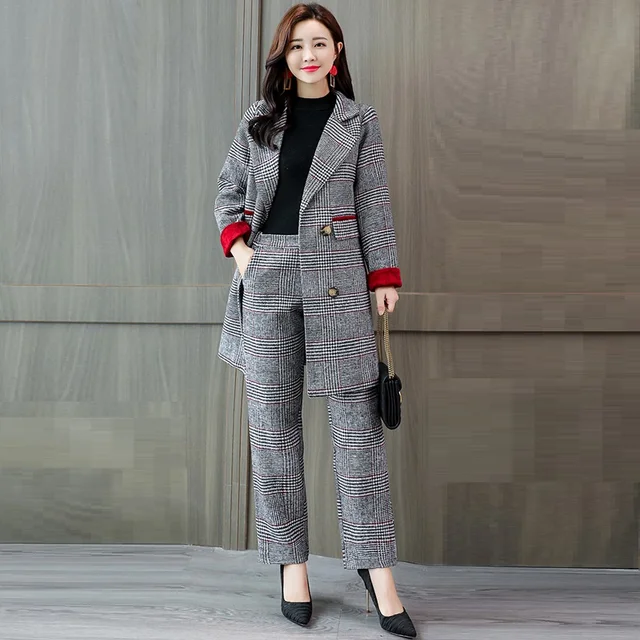 Womens Wool Plaid Pant Suit With Long Jacket 2018 New Winter 2 Piece ...