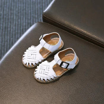 

Kids Boys Girls Sandals Genuine Leather Buckle Decor Baby Summer Shoes Weave Closed Toe Breathable White Beach Sandals