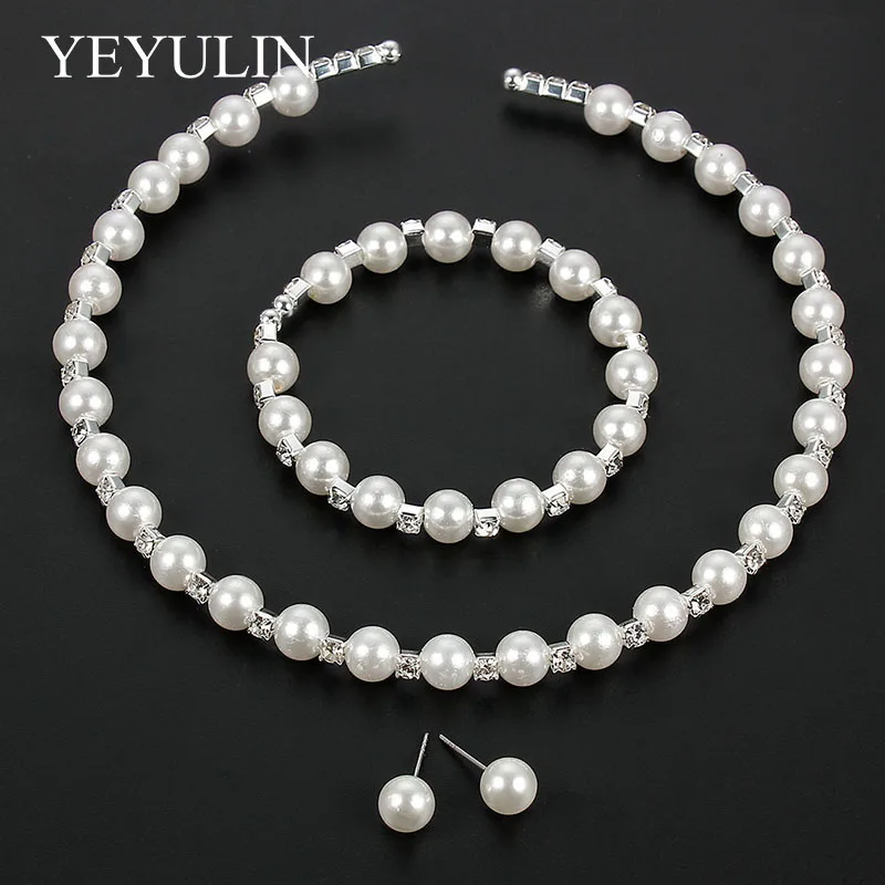 

Women Trendy Initation Pearl Choker Necklace Stud Earrings Bangle Bridal Elegant Jewelry Sets For Women Wedding Accessories