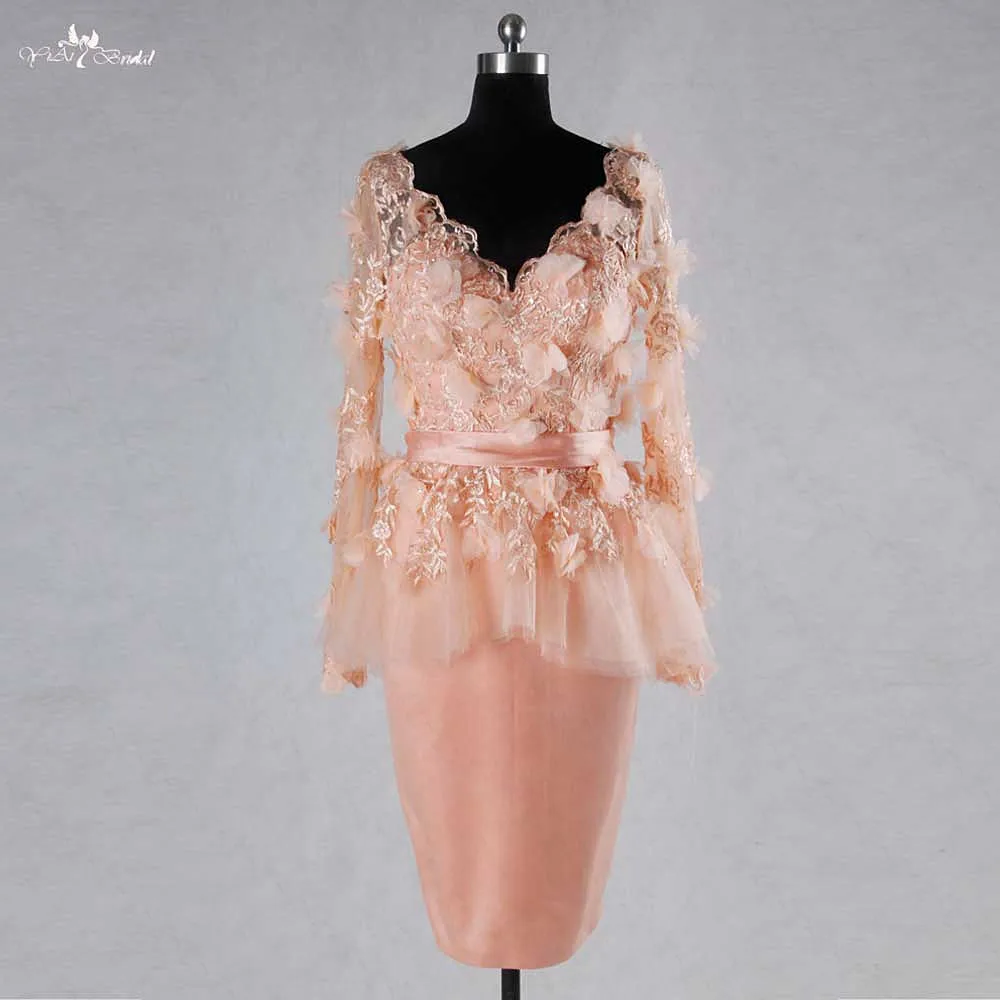 RSE728 long sleeve lace blush pink short wedding dress (2)