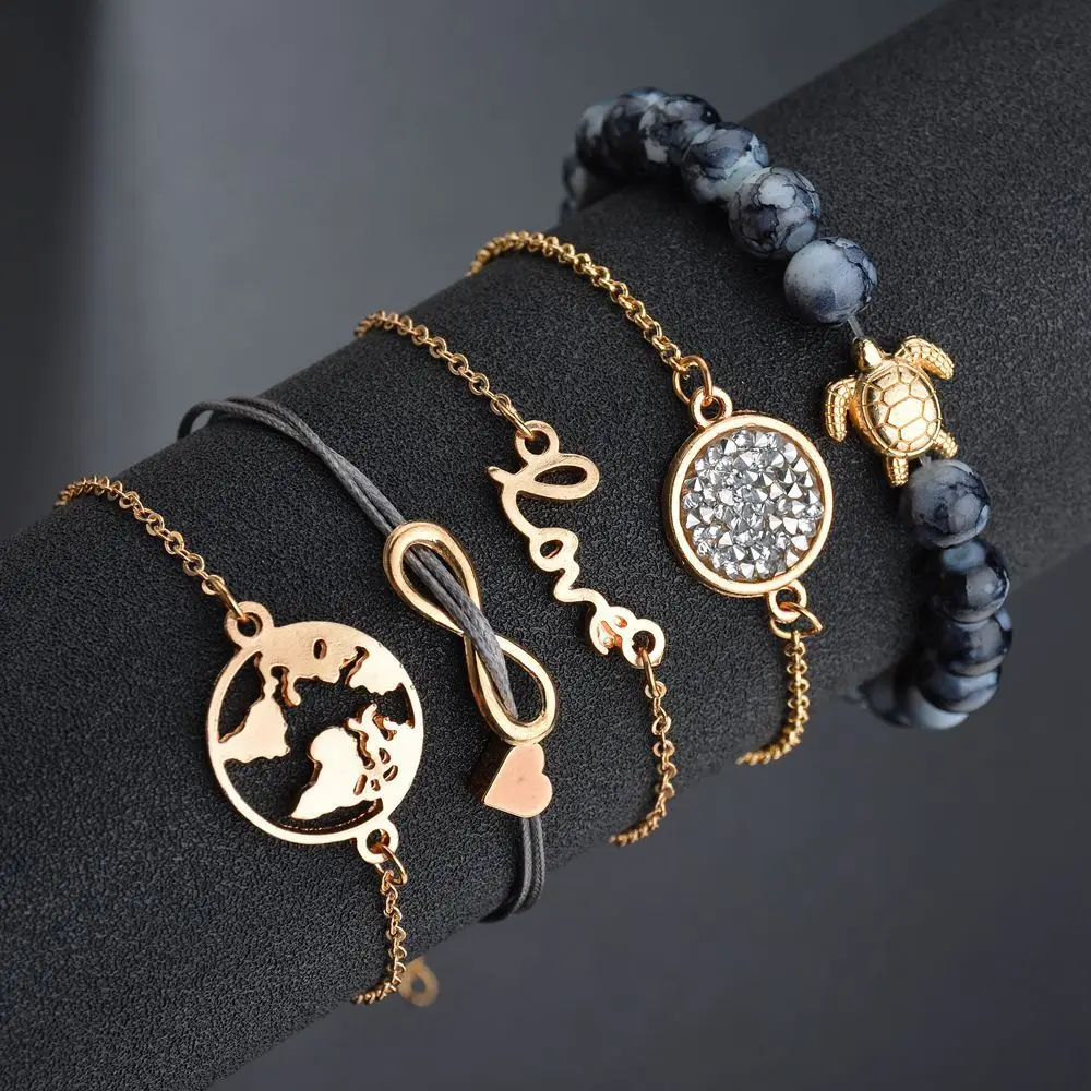 

Bohemian Turtle Charm Bracelets Bangles For Women Fashion Gold Color Strand Bracelets Sets Jewelry Party Gifts