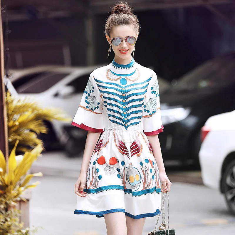 

New 2018 Woman Runway Dresses Butterfly Sleeve Retro Flowers Print Dress Party Ruffles Dresses Beautiful Ladies Dress NS03