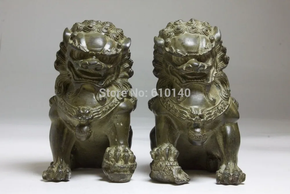 

China Bronze Animals FengShui Foo Fu Dog Wealth Lion Ball Head Statue Pair