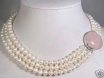 

Free shipping@@@@@ 3 rows 8-9mm white pearl necklace natural powder Jade buckle