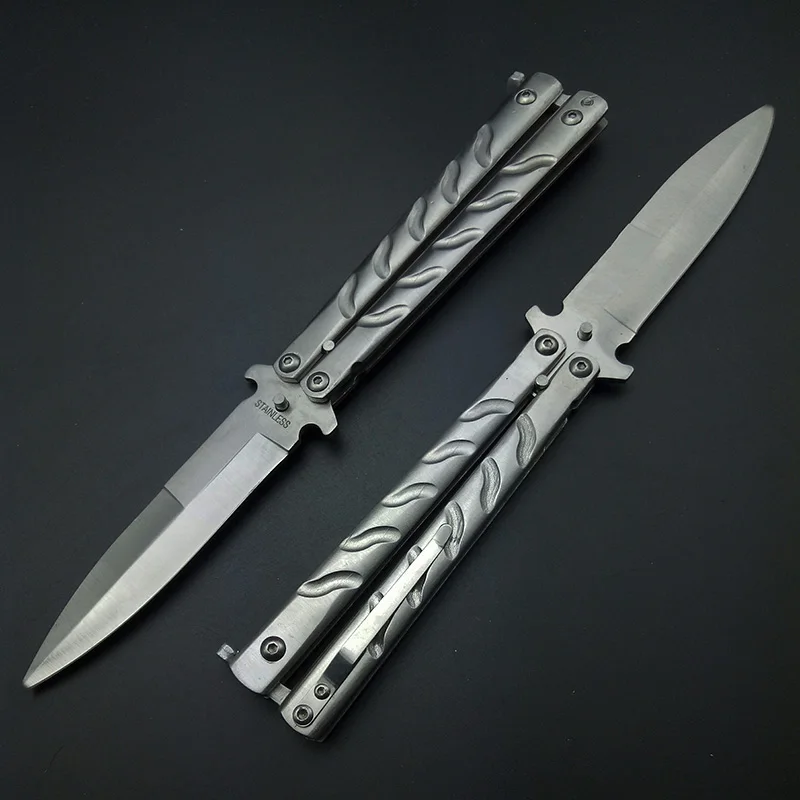 Baratos Mariposa en cuchillo plateado negro de titanio No Sharp de juego personalizado Player CS ir principiante niños 100% de seguridad