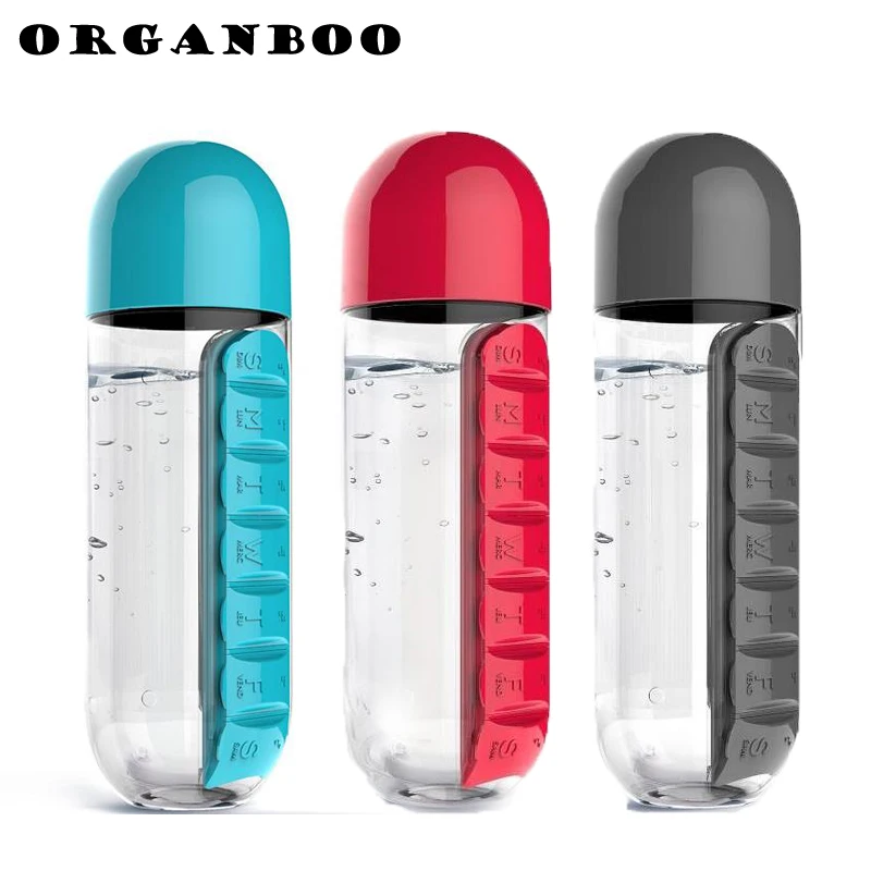 

ORGANBOO 1PC 600ML Plastic Leak-Proof Water Bottle Sports Seven Day Portable Pill Box Organizer Drinking Bottles For Water