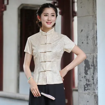 

New Arrival Summer Beige Chinese Style Lace Women Tang Suit Tops Blouse Traditional Elegant Slim Shirt M L XL XXL XXXL 2520-4
